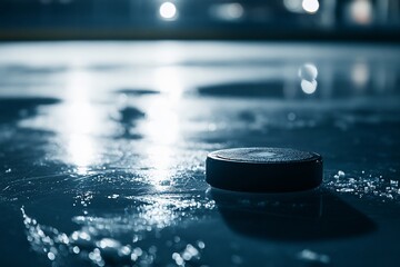 Wall Mural - Hockey puck on ice rink at night.