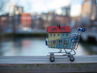 Poster - Miniature house in shopping cart on wooden surface with city background.