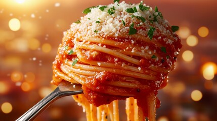Poster - Delicious spaghetti with tomato sauce, parmesan cheese, and parsley on a fork.