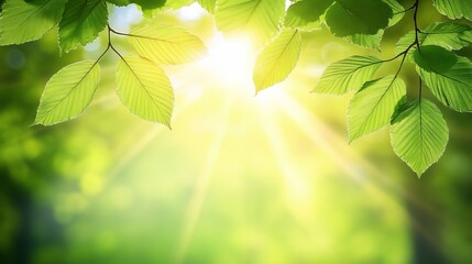 Aufkleber - Bright sunlight shining through lush green leaves in a forest.