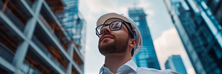 Poster - A male architect looks up at skyscrapers, contemplating urban design and construction.