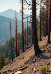 Wall Mural - Burnt trees on a sloped hill with mountain backdrop