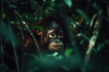 Poster - Young orangutan peering from lush rainforest foliage.