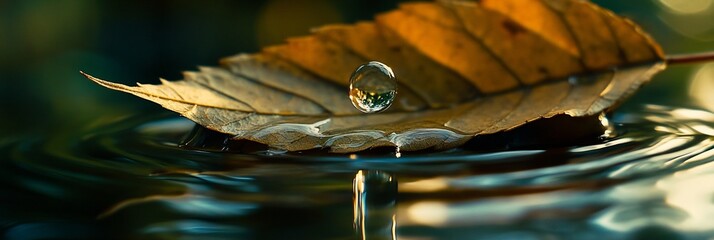 Poster - A single water droplet rests on a fallen autumn leaf floating on still water.
