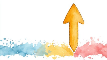 Poster - Bright Orange Arrow Points Upward Over Colorful Watercolor Splash Background Design
