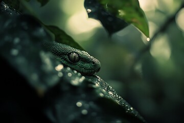 Poster - Close-up of a green snake's head peeking from behind wet leaves in a dark forest.