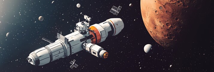 Aufkleber - Spacecraft orbiting a red planet with satellites and asteroids in space.