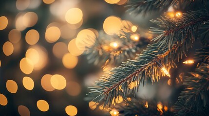 Poster - Close-up of illuminated pine tree branch with bokeh background.