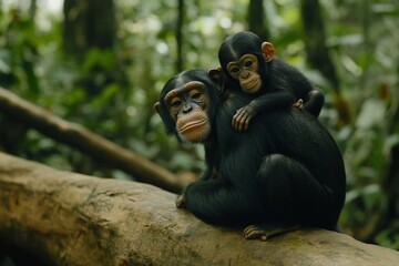 Poster - Mother chimpanzee carrying her baby on a tree branch in a lush green forest.