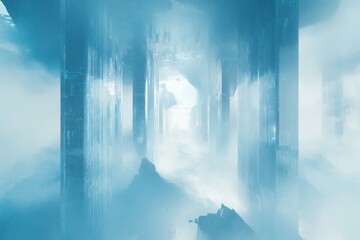 Aufkleber - Futuristic blue misty corridor with tall pillars and hazy light at the end.