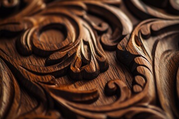 Poster - Intricate carved wood panel, close-up detail showing rich brown tones and ornate design.