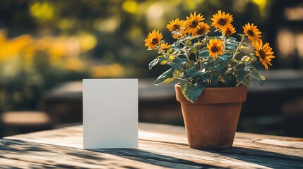 Poster - Blank card beside potted sunflowers on wooden table.