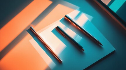 Poster - Three metallic pens arranged on a white surface, illuminated by vibrant orange and teal light.