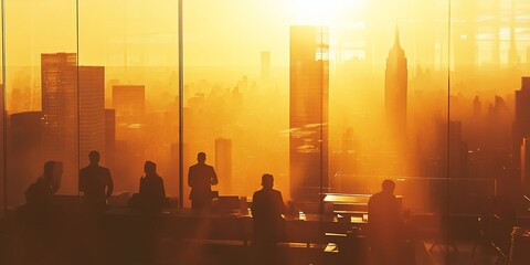 Aufkleber - Silhouetted businesspeople meeting in a skyscraper overlooking a city skyline at sunset.