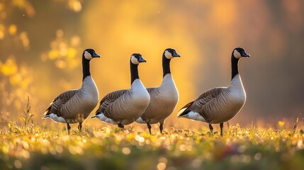 Poster - Four Canada geese stand in a row in a field at sunset.