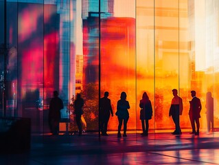 Fototapete - Silhouetted business people looking at a vibrant city skyline through a large glass window.