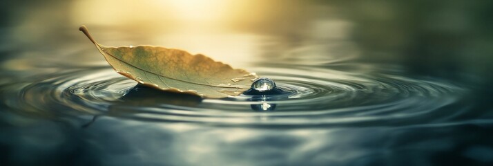 Poster - A single leaf floats on calm water, creating concentric ripples after a droplet falls.