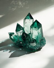 Aufkleber - Teal crystal cluster on white background, illuminated by sunlight.