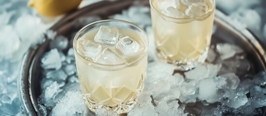 Sticker - Two glasses of iced lemonade on a silver tray surrounded by ice.