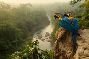 Poster - Two vibrant blue-and-gold macaws perched on a rock overlooking a lush green rainforest and river at sunrise.