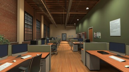 Poster - Modern office interior design with exposed brick walls, wood floors, and workstations.