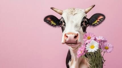 Poster - Close-up of a curious cow holding a bouquet of pink and white flowers against a pink background.