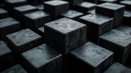 Poster - Abstract Composition of Dark Cubes: A 3D Render of Stacked Blocks