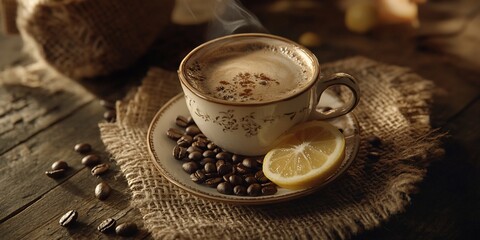 Aufkleber - Aromatic coffee cup with lemon slice on saucer, surrounded by coffee beans on burlap, wooden background.