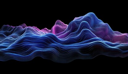 Poster - Abstract blue and purple wave landscape on black background.