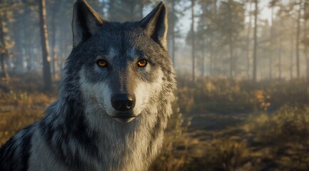Poster - Majestic grey wolf with intense amber eyes stares directly at the camera in a sunlit forest.