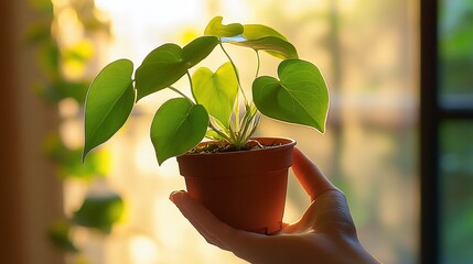 Poster - Hand holding a small potted heart-leaf philodendron plant in front of a window with sunlight.