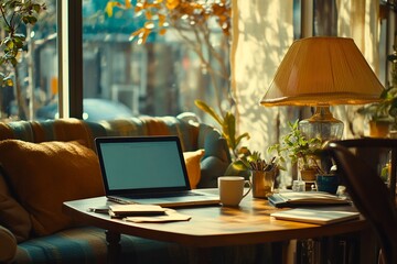 Poster - Cozy cafe interior with laptop, coffee cup, and plants near window.