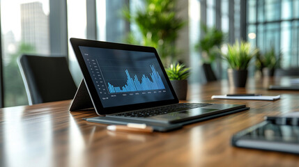 A lone digital tablet displaying a graph in a sleek minimalist workspace with blurred chaos in the background, emphasizing clarity, simplicity, and data analysis in a modern environment

