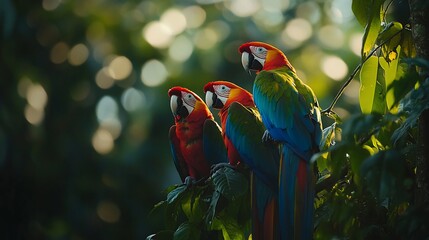 Aufkleber - three vibrant macaws perched on a tree branch in a lush rainforest, bathed in the warm glow of sunli