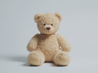 Wall Mural - Photo of a cute teddy bear sitting on a white background, facing the camera. 