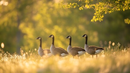 Poster - Four Canada geese walking in a row in a sunlit field.