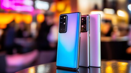 Aufkleber - Three smartphones displayed on a table, showcasing different colors and designs.