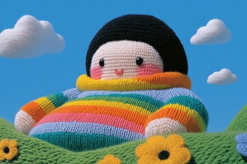 Wall Mural - Cute hand-knitted child with rainbow yarn scarf sitting on woolen hill, surrounded by pastel clouds and yarn flowers. Magical and detailed modern art style.