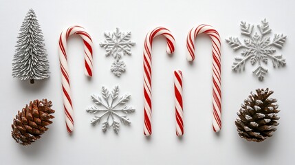 Aufkleber - Festive Christmas candy canes, pine cones, snowflakes, and mini tree on white background.
