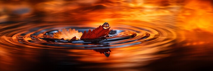 Poster - Autumn leaf falls on water, creating concentric ripples against a fiery sunset backdrop.