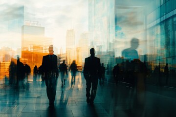 Aufkleber - Silhouetted businesspeople walking in a modern city at sunset, blurred background.