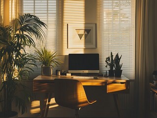 Leinwandbilder - Sunlit home office workspace with plants, computer, and wooden desk. (1)