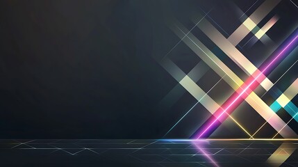 Poster - Abstract neon geometric background with glowing lines and reflections.