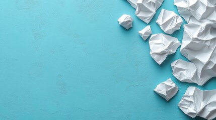 Poster - Blue Background with Crumpled White Paper Balls, Abstract Creative Messy Texture