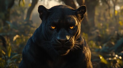 Poster - Majestic black panther with glowing eyes, staring intensely in a jungle setting at dawn.