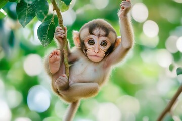 Poster - Adorable baby monkey clinging to a tree branch in a lush green forest.