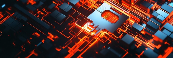 Poster - Abstract digital circuit board glowing with orange and blue light.
