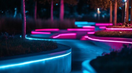 Poster - Neon-lit pathway winding through a park at night.