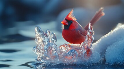 Aufkleber - Vibrant red cardinal perched on a stunning ice formation amidst snow and water, bathed in sunlight.