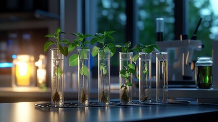 Aufkleber - Young plants in test tubes in a lab setting.